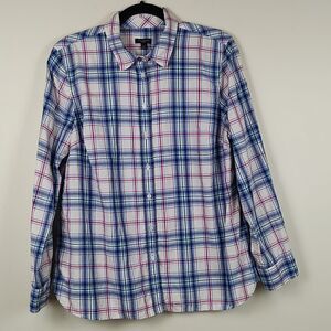 Talbot's Blue Plaid Button Front Shirt Long Sleeve Top Metallic Stripe Size LP